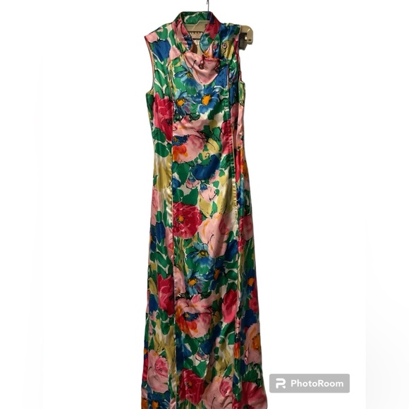 Vintage Dresses & Skirts - Dynasty 1960s Vintage Silk Japanese Oriental Hawaiian Flower Maxi Dress Y2K, 10